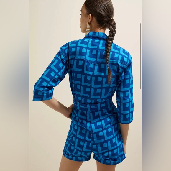 NWT Anthropologie SIKA Geometric Romper - women size 2 geometric blue with belt - Picture 4 of 11